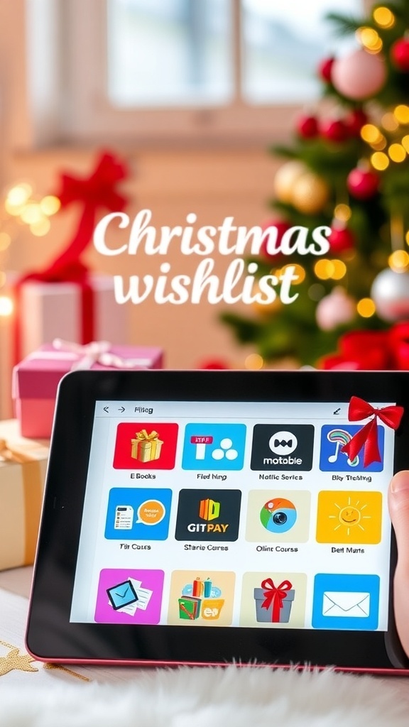 Creative Christmas Wishlist Ideas for Digital Gifts A digital Christmas wishlist on a tablet with icons for e-books, streaming services, and online courses, surrounded by holiday decorations.